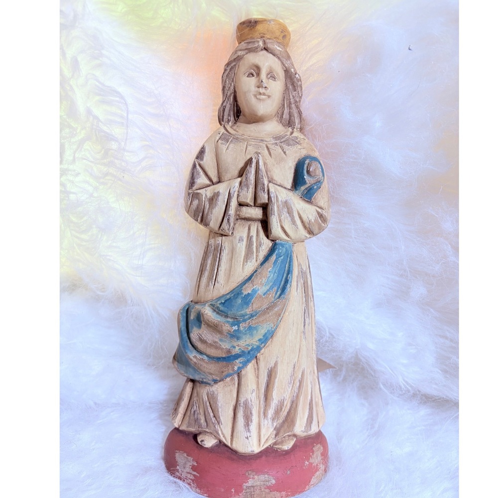 Flatbacks Santos Handcarved Wood Our Lady of Lourdes Figure Philippines Art 12"